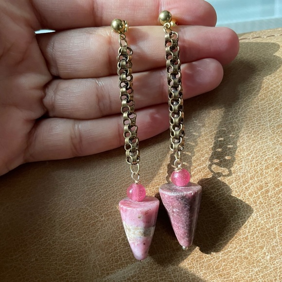 Pink stone marble w glass bead cone conical shape geometric organic earrings - Picture 7 of 8
